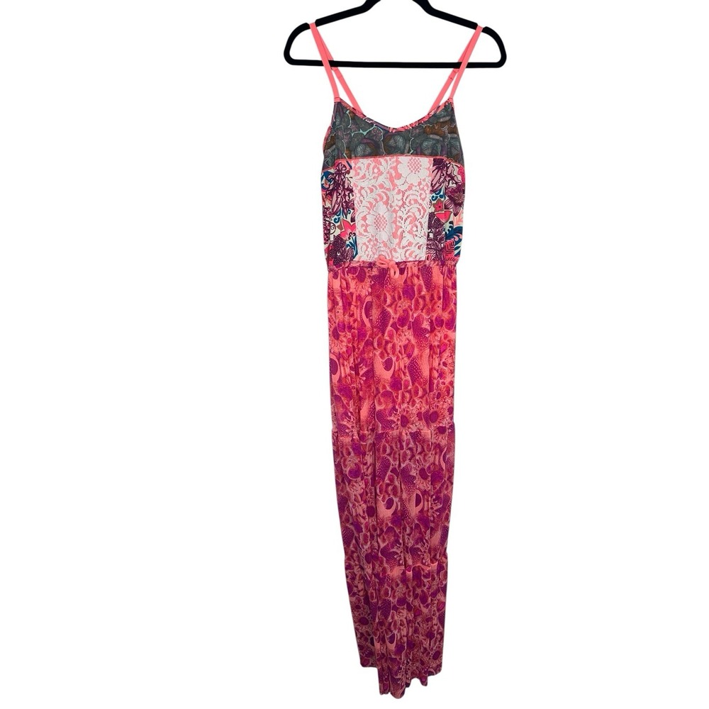 Maaji Maxi Dress Large Pink Mixed Print Lace Detail Boho Tiered Spaghetti Strap - Picture 3 of 10